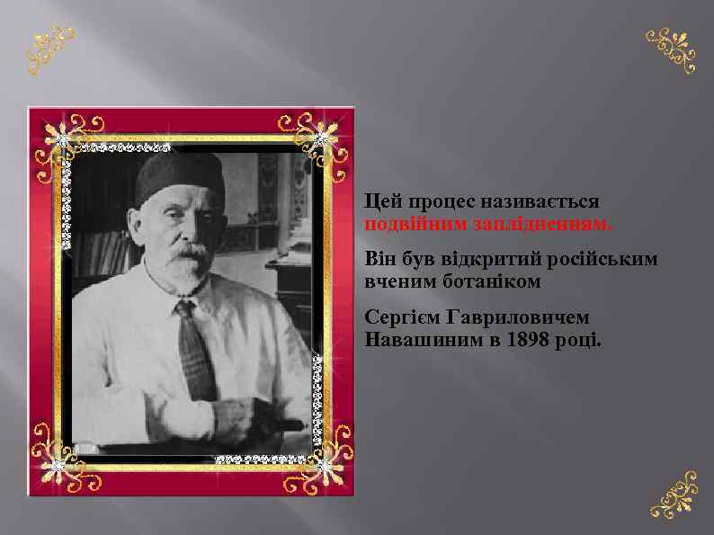 Цей процес називається подвійним заплідненням. Він був відкритий російським вченим ботаніком Сергієм Гавриловичем Навашиним