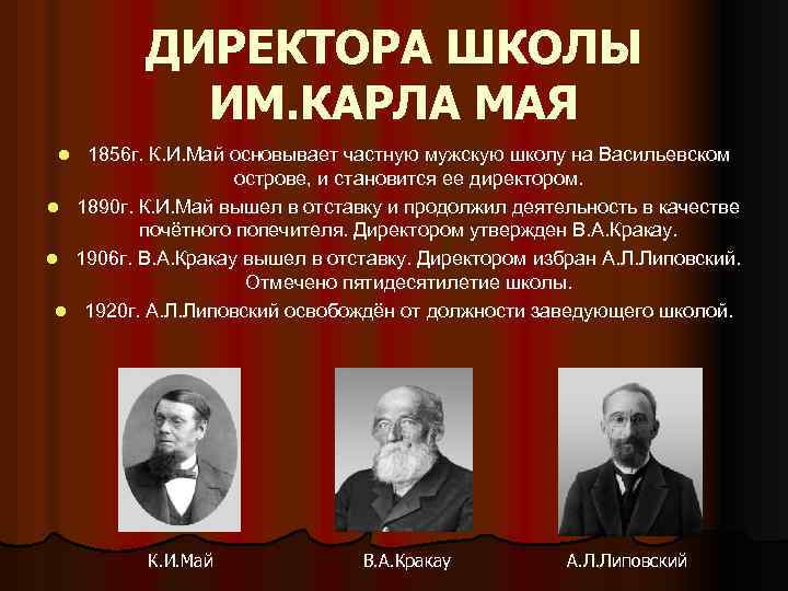 ДИРЕКТОРА ШКОЛЫ ИМ. КАРЛА МАЯ 1856 г. К. И. Май основывает частную мужскую школу