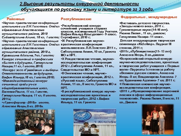2. Высокие результаты внеурочной деятельности обучающихся по русскому языку и литературе за 3 года.