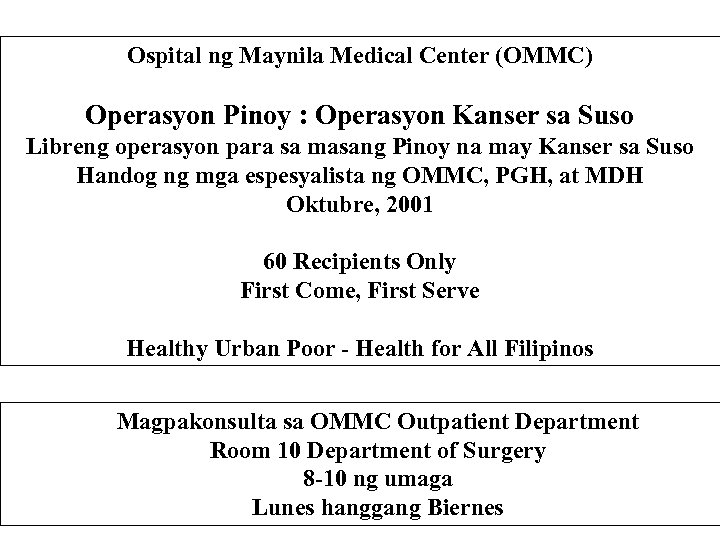 Ospital ng Maynila Medical Center (OMMC) Operasyon Pinoy : Operasyon Kanser sa Suso Libreng