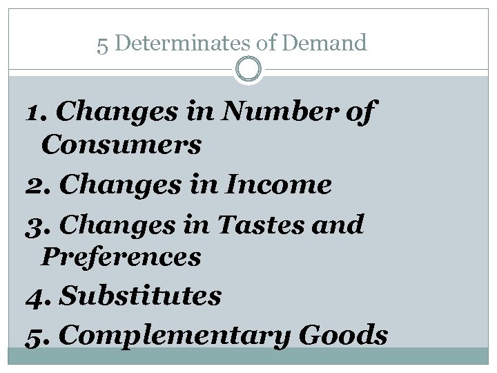 5 Determinates of Demand 1. Changes in Number of Consumers 2. Changes in Income
