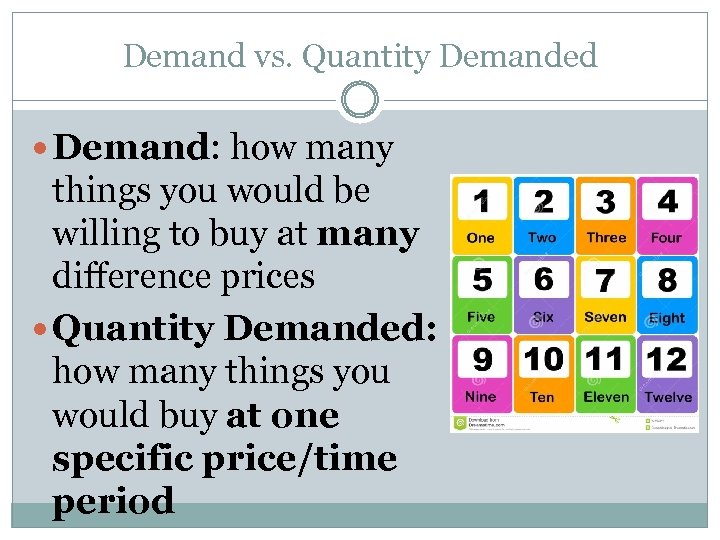 Demand vs. Quantity Demanded Demand: how many things you would be willing to buy