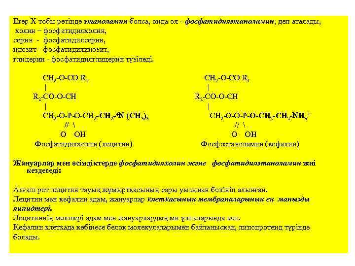 Егер Х тобы ретінде этаноламин болса, онда ол - фосфатидилэтаноламин, деп аталады, холин –