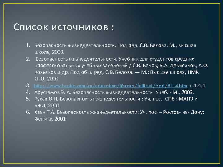 Список источников : 1. Безопасность жизнедеятельности. Под ред. С. В. Белова. М. , высшая