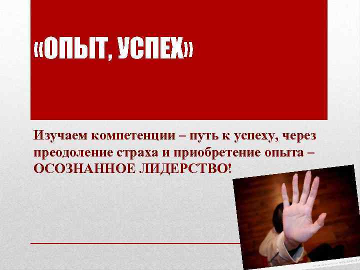  «ОПЫТ, УСПЕХ» Изучаем компетенции – путь к успеху, через преодоление страха и приобретение