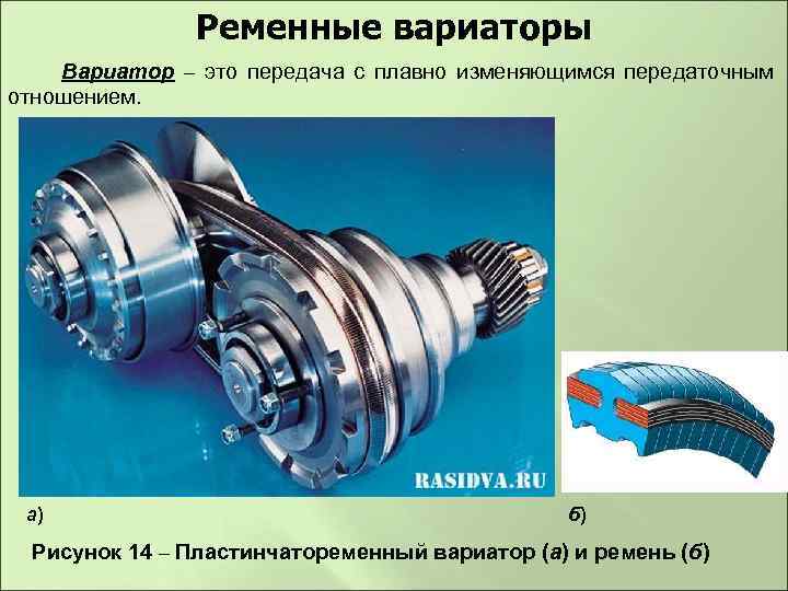 Ременные вариаторы Вариатор – это передача с плавно изменяющимся передаточным отношением. а) б) Рисунок