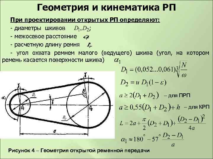 Геометрия и кинематика РП При проектировании открытых РП определяют: - диаметры шкивов ; -