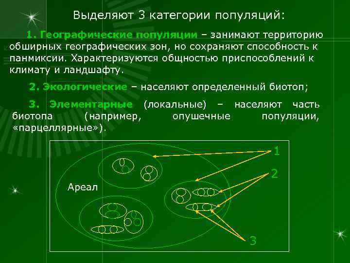 Выделяют 3 категории популяций: 1. Географические популяции – занимают территорию обширных географических зон, но