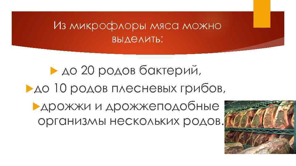 Из микрофлоры мяса можно выделить: до 20 родов бактерий, до 10 родов плесневых грибов,