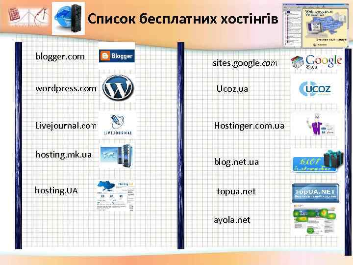 Список бесплатних хостінгів blogger. com sites. google. com wordpress. com Ucoz. ua Livejournal. com