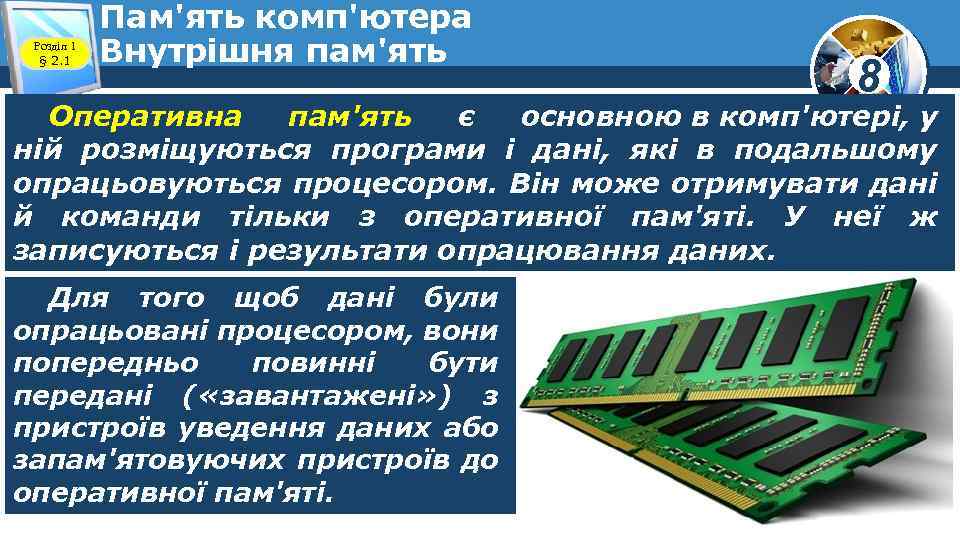 Розділ 1 § 2. 1 Пам'ять комп'ютера Внутрішня пам'ять 8 Оперативна пам'ять є основною