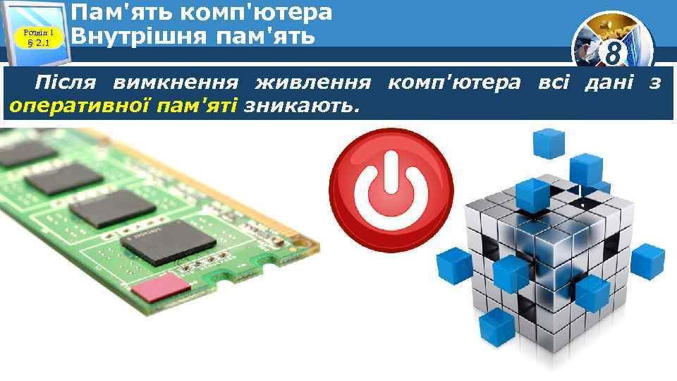 Розділ 1 § 2. 1 Пам'ять комп'ютера Внутрішня пам'ять 8 Після вимкнення живлення комп'ютера