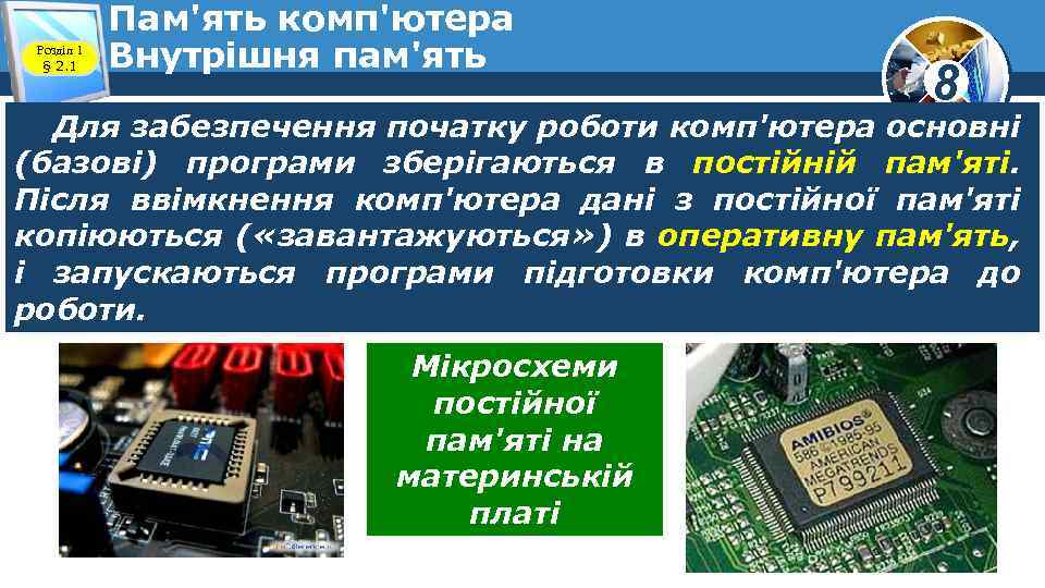 Розділ 1 § 2. 1 Пам'ять комп'ютера Внутрішня пам'ять 8 Для забезпечення початку роботи