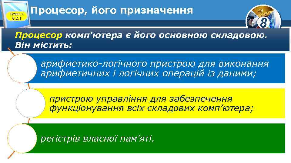 Розділ 1 § 2. 1 Процесор, його призначення 8 Процесор комп'ютера є його основною