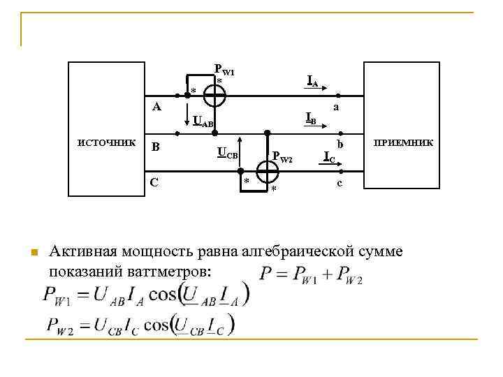 РW 1 A ИСТОЧНИК B C n IA IB UAB UCB РW 2 a