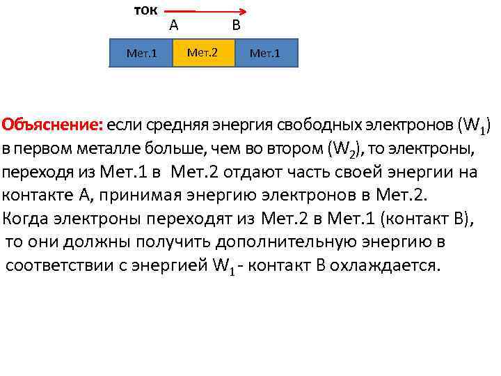 ток Мет. 1 А В Мет. 2 Мет. 1 Объяснение: если средняя энергия свободных