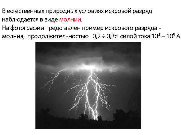 В естественных природных условиях искровой разряд наблюдается в виде молнии. На фотографии представлен пример