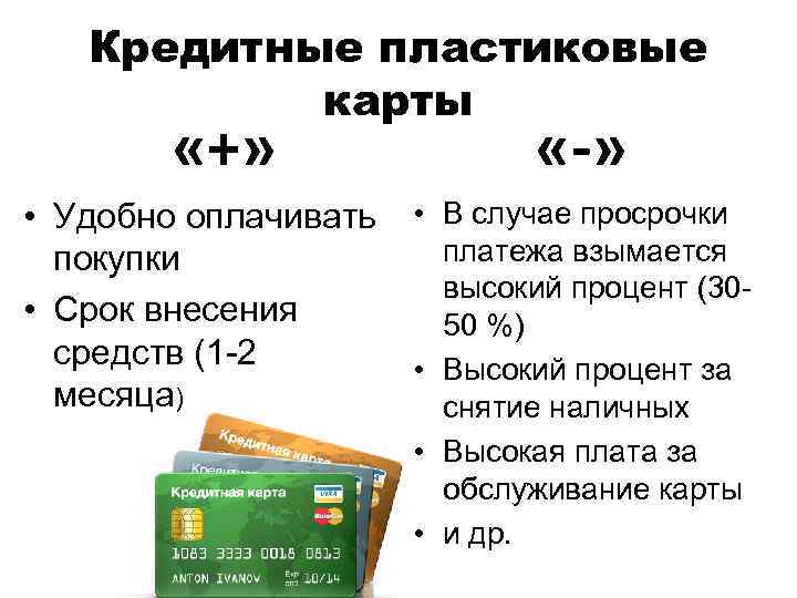 Кредитные пластиковые карты «+» «-» • Удобно оплачивать • В случае просрочки платежа взымается