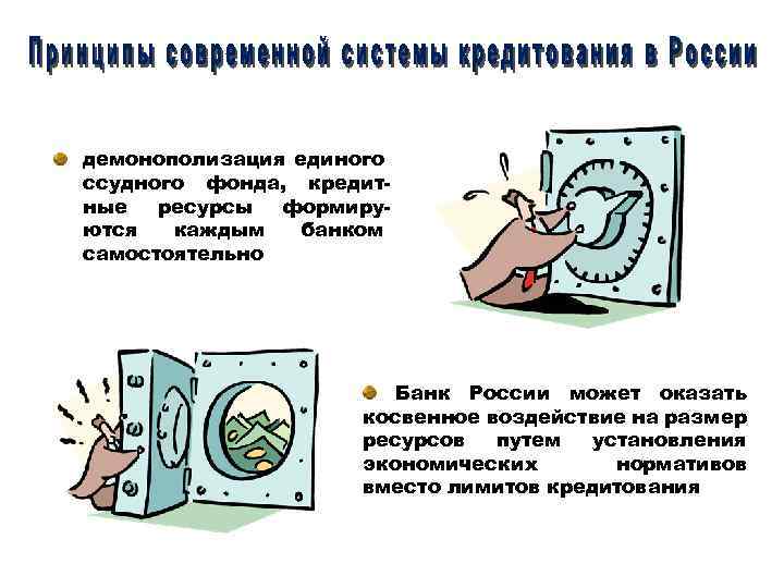 демонополизация единого ссудного фонда, кредитные ресурсы формируются каждым банком самостоятельно Банк России может оказать