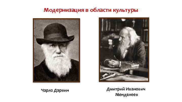 Модернизация в области культуры Чарлз Дарвин Дмитрий Иванович Менделеев 