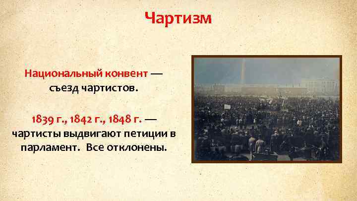 Чартизм Национальный конвент — съезд чартистов. 1839 г. , 1842 г. , 1848 г.