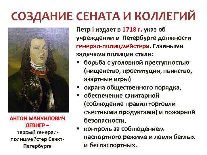 СОЗДАНИЕ СЕНАТА И КОЛЛЕГИЙ АНТОН МАНУИЛОВИЧ ДЕВИЕР – первый генералполицмейстер Санкт. Петербурга Петр I