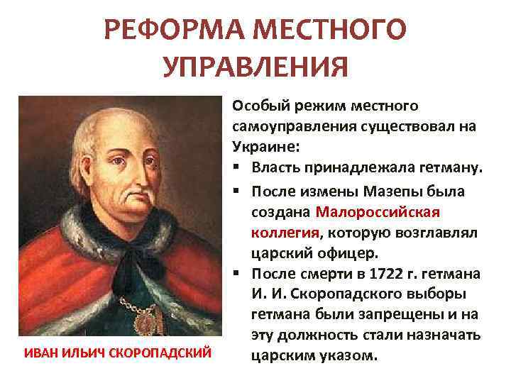 РЕФОРМА МЕСТНОГО УПРАВЛЕНИЯ ИВАН ИЛЬИЧ СКОРОПАДСКИЙ Особый режим местного самоуправления существовал на Украине: §