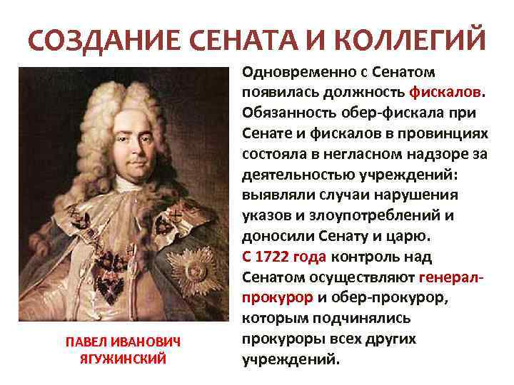 СОЗДАНИЕ СЕНАТА И КОЛЛЕГИЙ ПАВЕЛ ИВАНОВИЧ ЯГУЖИНСКИЙ Одновременно с Сенатом появилась должность фискалов. Обязанность