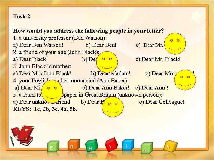 Task 2 How would you address the following people in your letter? 1. a