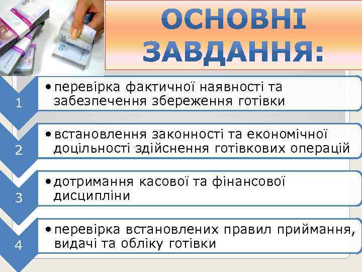 1 • перевірка фактичної наявності та забезпечення збереження готівки 2 • встановлення законності та