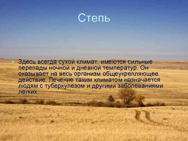 Степь Ø Здесь всегда сухой климат, имеются сильные перепады ночной и дневной температур. Он