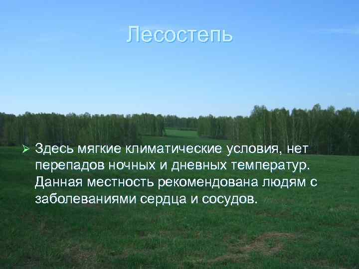 Лесостепь Ø Здесь мягкие климатические условия, нет перепадов ночных и дневных температур. Данная местность