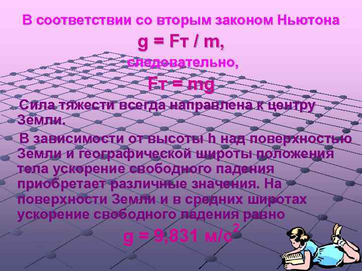В соответствии со вторым законом Ньютона g = F т / m, следовательно, Fт