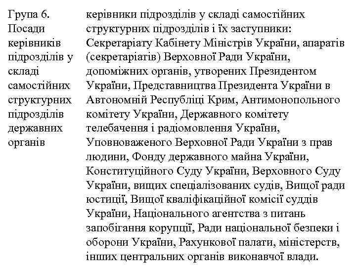 Група 6. Посади керівників підрозділів у складі самостійних структурних підрозділів державних органів керівники підрозділів
