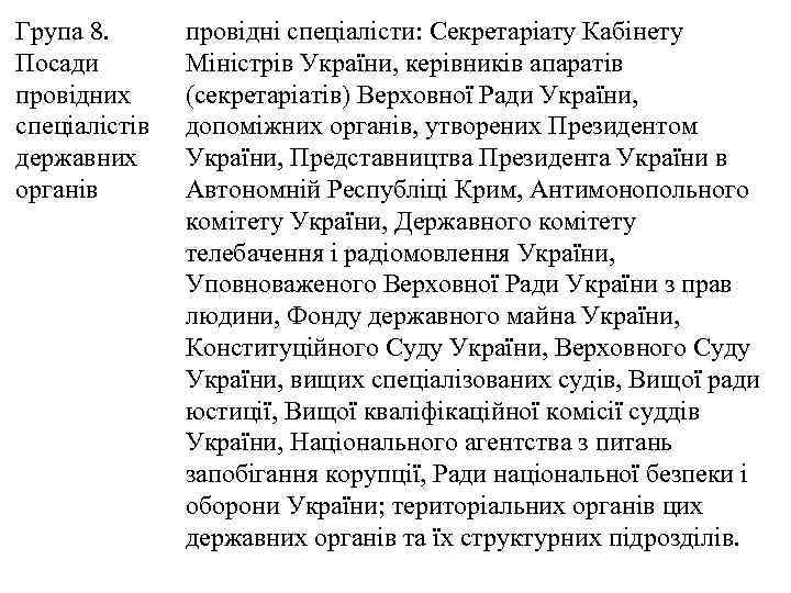 Група 8. Посади провідних спеціалістів державних органів провідні спеціалісти: Секретаріату Кабінету Міністрів України, керівників