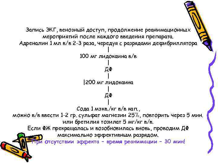 Запись ЭКГ, венозный доступ, продолжение реанимационных мероприятий после каждого введения препарата. Адреналин 1 мл
