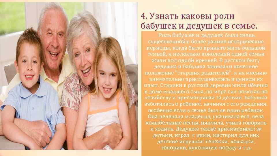 4. Узнать каковы роли бабушек и дедушек в семье. Роль бабушек и дедушек была