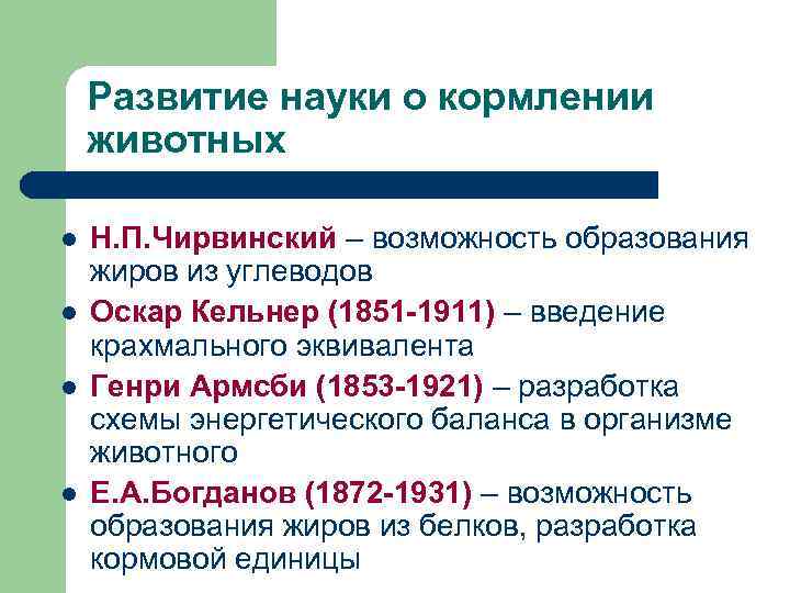 Развитие науки о кормлении животных l l Н. П. Чирвинский – возможность образования жиров