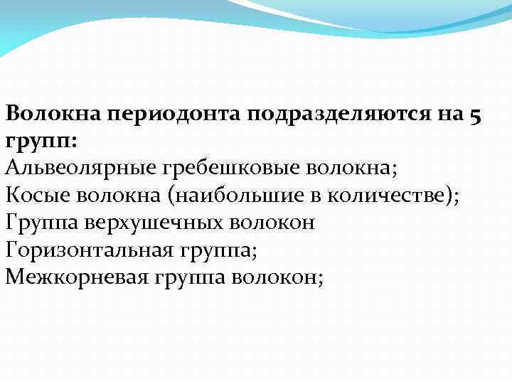 Волокна периодонта подразделяются на 5 групп: Альвеолярные гребешковые волокна; Косые волокна (наибольшие в количестве);