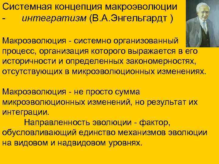 Системная концепция макроэволюции - интегратизм (В. А. Энгельгардт ) Макроэволюция - системно организованный процесс,