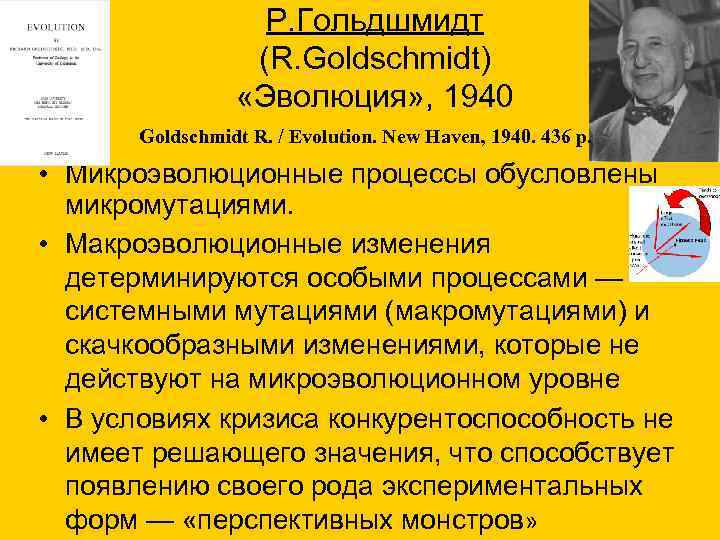 Р. Гольдшмидт (R. Goldschmidt) «Эволюция» , 1940 Goldschmidt R. / Evolution. New Haven, 1940.
