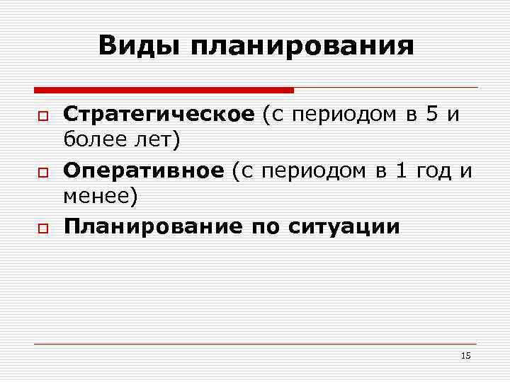 Виды планирования o o o Стратегическое (с периодом в 5 и более лет) Оперативное