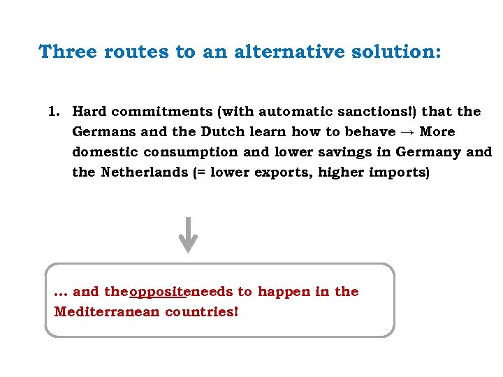 Three routes to an alternative solution: 1. Hard commitments (with automatic sanctions!) that the