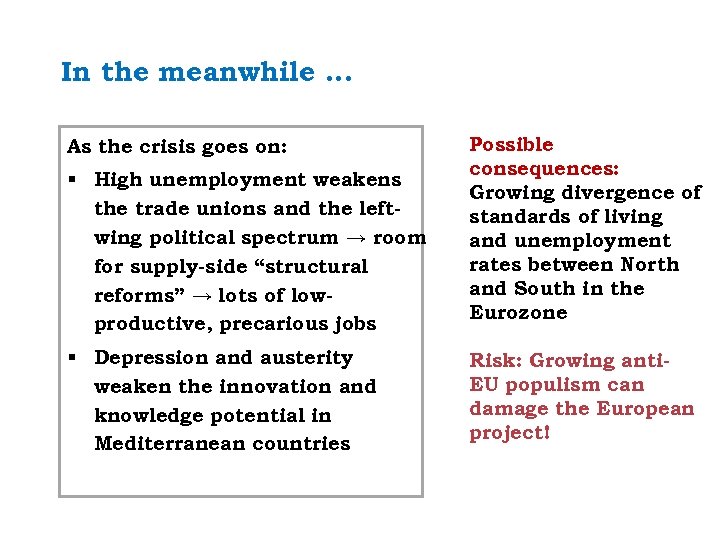 In the meanwhile … As the crisis goes on: § High unemployment weakens the