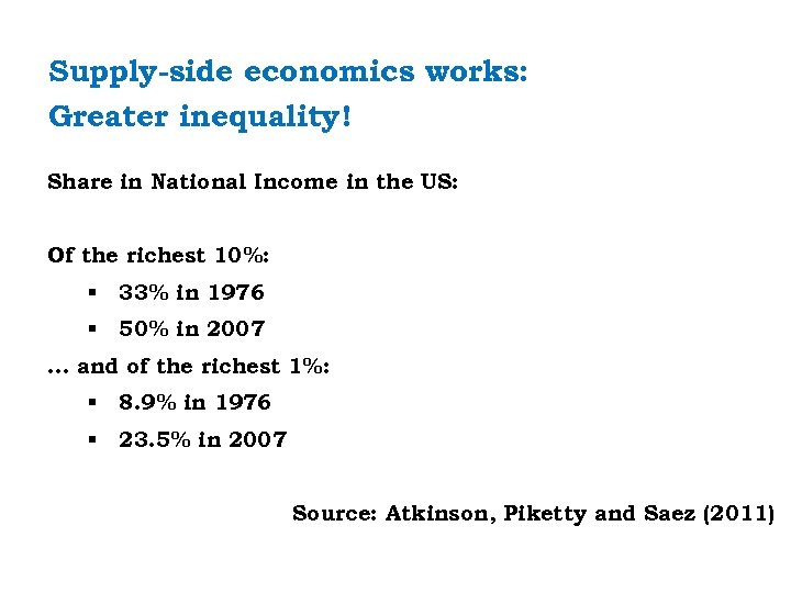 Supply-side economics works: Greater inequality! Share in National Income in the US: Of the