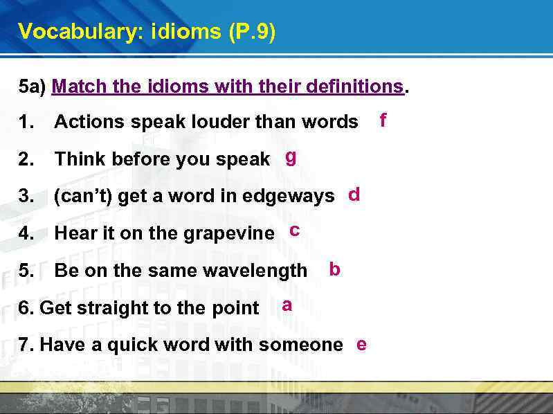 Vocabulary: idioms (P. 9) 5 a) Match the idioms with their definitions. 1. Actions