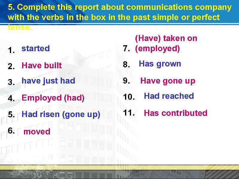 5. Complete this report about communications company with the verbs in the box in