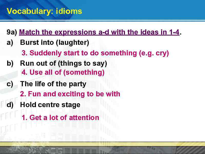Vocabulary: idioms 9 a) Match the expressions a-d with the ideas in 1 -4.