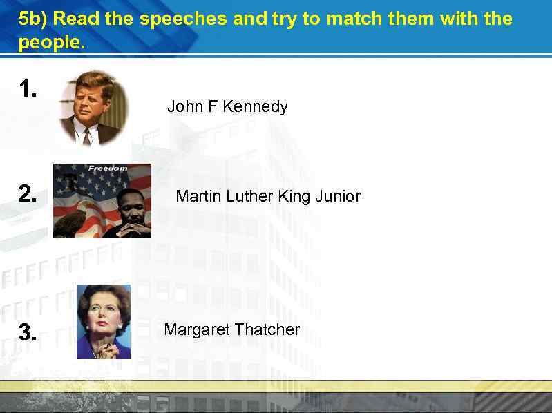 5 b) Read the speeches and try to match them with the people. 1.