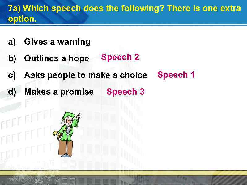 7 a) Which speech does the following? There is one extra option. a) Gives